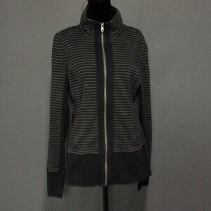 CAbi Jacket Womens Small Gray Striped Knit Full Zip Funnel Neck Back Tab